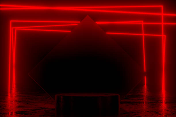 istock Empty Product Podium, Platform in Dark Room with Red Ultraviolet Neon Laser Glowing Lines 1433278099