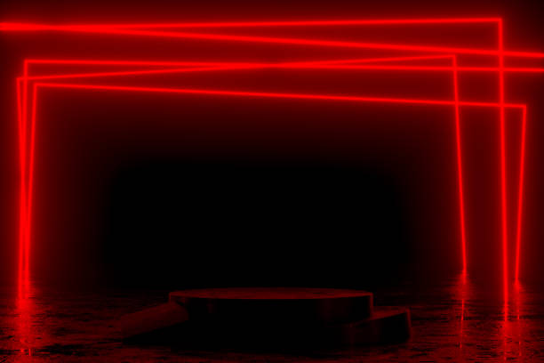 istock Empty Product Podium, Platform in Dark Room with Red Ultraviolet Neon Laser Glowing Lines 1433278512