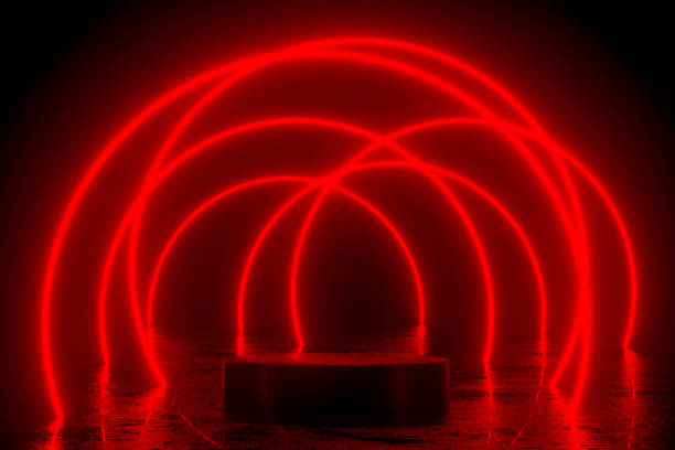 istock Empty Product Podium, Platform in Dark Room with Red Ultraviolet Neon Laser Glowing Lines 1433279093