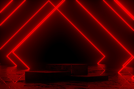 Red Ultraviolet Neon Laser Glowing Lines , Light Tunnel, Abstract 3D Background. 3D Rendering, Copy space for advertisement. Empty Product Podium, Stand, Platform in Dark Room for the Product placement.