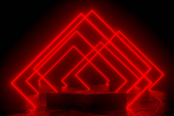 istock Empty Product Podium, Platform in Dark Room with Red Ultraviolet Neon Laser Glowing Lines 1433279203