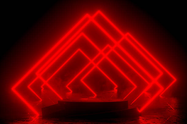 istock Empty Product Podium, Platform in Dark Room with Red Ultraviolet Neon Laser Glowing Lines 1433279230