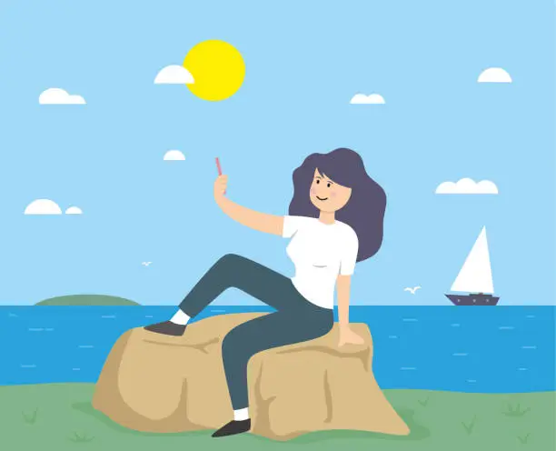 Vector illustration of Young girl traveler doing selfie overlooking the sea