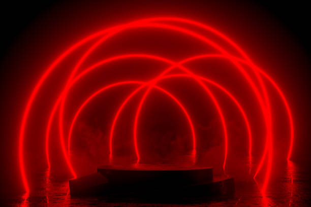 istock Empty Product Podium, Platform in Dark Room with Red Ultraviolet Neon Laser Glowing Lines 1433279254