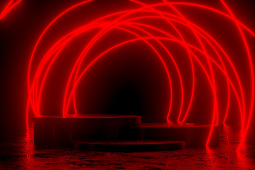 Red Ultraviolet Neon Laser Glowing Lines , Light Tunnel, Abstract 3D Background. 3D Rendering, Copy space for advertisement. Empty Product Podium, Stand, Platform in Dark Room for the Product placement.