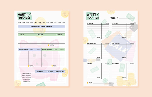 Monthly and weekly budget planner with fun piggy bank illustrations, sale packages, coins