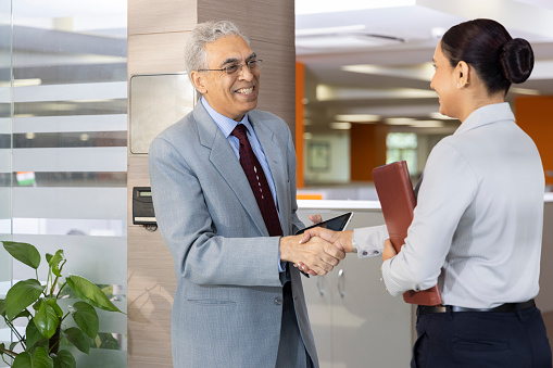Businessman and businesswoman shaking hands at office