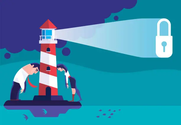 Vector illustration of sad couple leaning on lighthouse with locked direction