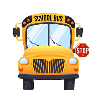 Yellow school bus isolated on white background, cartoon design icon back to school concept with stop sign. Front view
