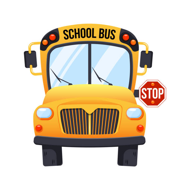 Yellow school bus isolated on white background, cartoon design icon back to school concept with stop sign Yellow school bus isolated on white background, cartoon design icon back to school concept with stop sign. Front view school buses stock illustrations