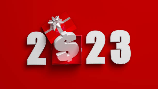 White color 2023 text red color gift box and dollar sign stock photo