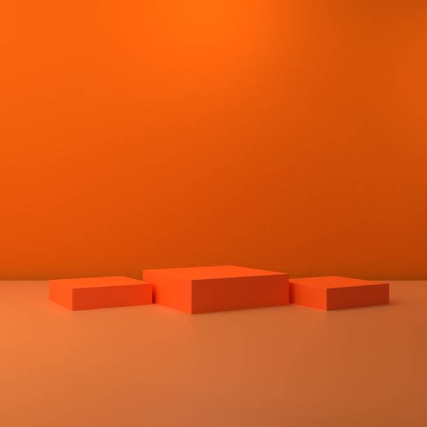 istock 3D rendered of abstract minimal stand podium for product display presentation with set of steps. stage for showcase in orange tone. 1433283786
