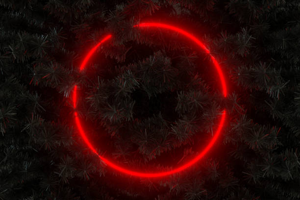 istock Red neon light empty frame with black Christmas tree new year background 1433284048
