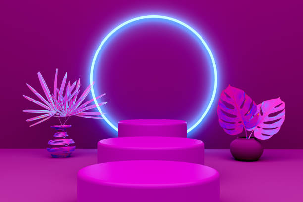 istock Podium with geometric shapes empty in purple or violet composition for modern stage display and minimalist mockup ,abstract showcase background ,Concept 3d illustration or 3d render 1433285443