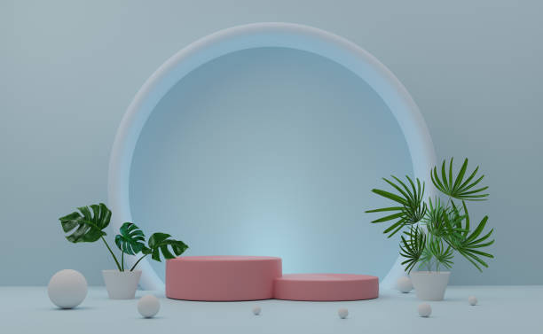 istock Podium empty with geometric shapes  in sky blue pastel composition for modern stage display and minimalist mockup ,abstract showcase background ,Concept 3d illustration or 3d render 1433285604