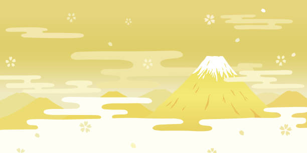 mt.fuji и золотой складной экран. японская новогодняя открытка. - twilight fuji mt fuji japan stock illustrations