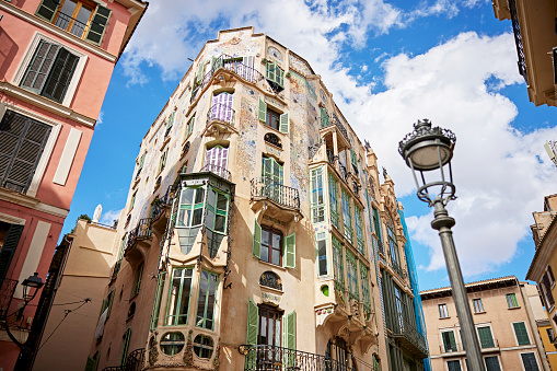 Low angle view of landmark modernist architecture, Can Forteza Rey, in center of Palma de Mallorca.