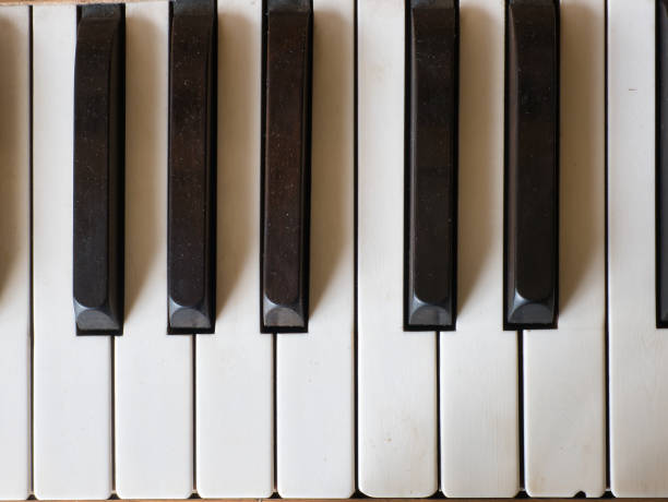 istock Musical keyboard of a piano, black and white keys, top view, partial view, full frame 1433287128