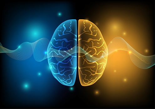 Illustration of human brain and brain waves on futuristic technology background. Vector illustration.