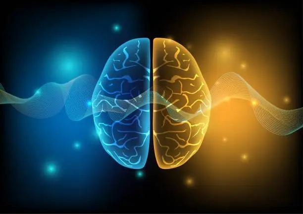 Vector illustration of Illustration of human brain and brain waves on technology background.