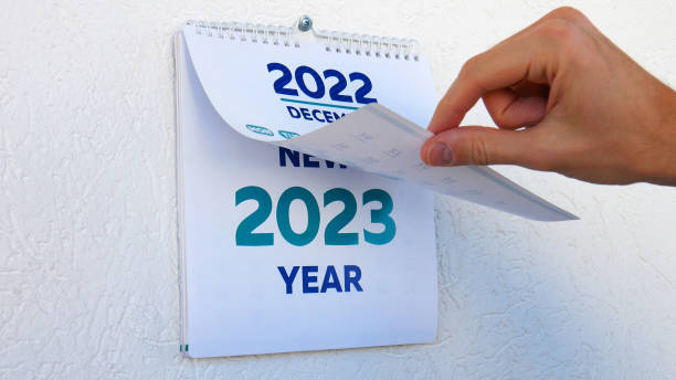 Close-up of a male hand flipping through the December page of 2022 wall calendar followed by the title page of a new 2023 calendar stock photo