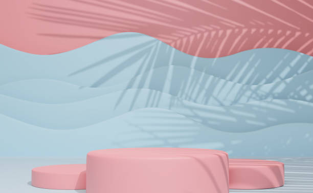 istock Podium empty with geometric shapes in sky blue and pink pastel composition for modern stage display and minimalist mockup ,abstract showcase background ,Concept 3d illustration or 3d render 1433287266
