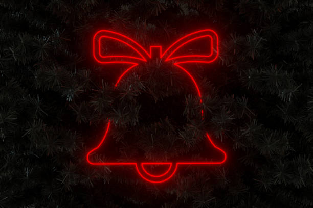 Red neon light Christmas ornament bell on black Christmas tree new year background, 3d render.