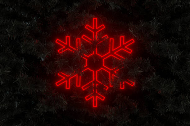 Red neon light Christmas ornament snowflake on black Christmas tree new year background, 3d render.