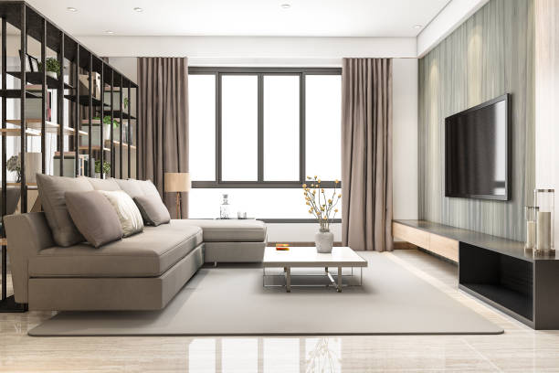 istock 3d rendering loft luxury living room with bookshelf 1433287843