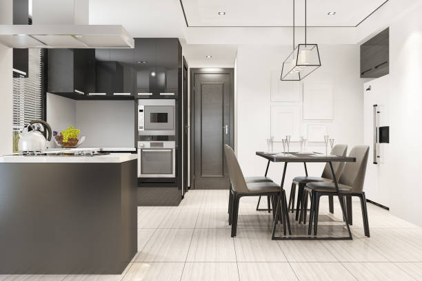 istock 3d rendering scandinavian vintage modern kitchen with dining area 1433287851