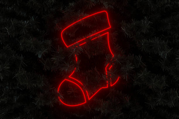 Red neon light Christmas ornament sock on black Christmas tree new year background