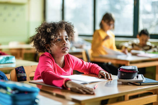 istock African American schoolgirl on a class at elementary school. 1433288415