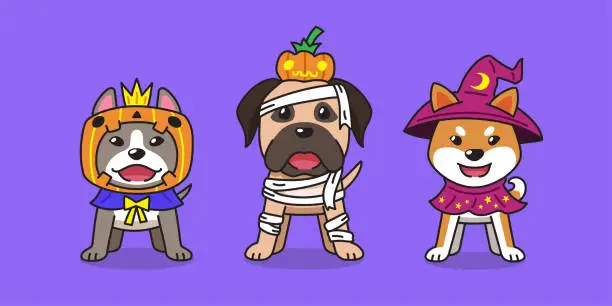 Vector illustration of Cartoon cute dogs with halloween costumes