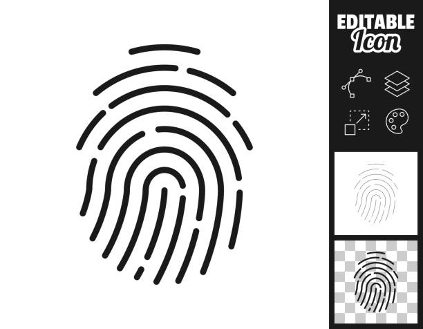 Fingerprint. Icon for design. Easily editable Icon of "Fingerprint" for your own design. Three icons with editable stroke included in the bundle: - One black icon on a white background. - One line icon with only a thin black outline in a line art style (you can adjust the stroke weight as you want). - One icon on a blank transparent background (for change background or texture). The layers are named to facilitate your customization. Vector Illustration (EPS file, well layered and grouped). Easy to edit, manipulate, resize or colorize. Vector and Jpeg file of different sizes. fingerprint stock illustrations