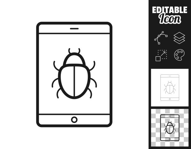 illustrazioni stock, clip art, cartoni animati e icone di tendenza di tablet pc con bug. icona per il design. facilmente modificabile - problems computer technology pc