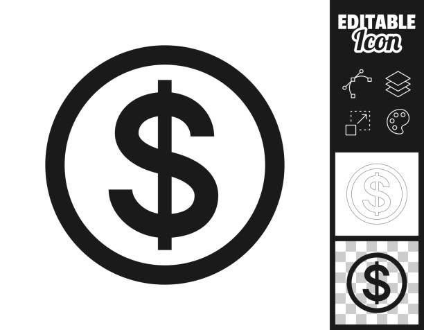 Dollar coin. Icon for design. Easily editable Icon of "Dollar coin" for your own design. Three icons with editable stroke included in the bundle: - One black icon on a white background. - One line icon with only a thin black outline in a line art style (you can adjust the stroke weight as you want). - One icon on a blank transparent background (for change background or texture). The layers are named to facilitate your customization. Vector Illustration (EPS file, well layered and grouped). Easy to edit, manipulate, resize or colorize. Vector and Jpeg file of different sizes. dollar sign stock illustrations