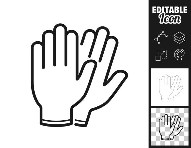 Protective rubber gloves. Icon for design. Easily editable Icon of "Protective rubber gloves" for your own design. Three icons with editable stroke included in the bundle: - One black icon on a white background. - One line icon with only a thin black outline in a line art style (you can adjust the stroke weight as you want). - One icon on a blank transparent background (for change background or texture). The layers are named to facilitate your customization. Vector Illustration (EPS file, well layered and grouped). Easy to edit, manipulate, resize or colorize. Vector and Jpeg file of different sizes. plastic gloves stock illustrations