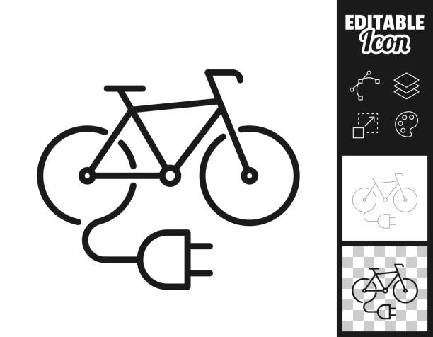 illustrazioni stock, clip art, cartoni animati e icone di tendenza di bici elettrica con spina. icona per il design. facilmente modificabile - bicicletta elettrica