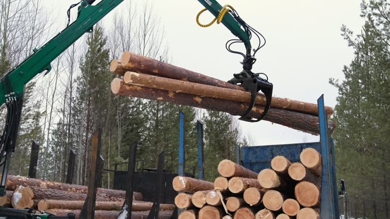 A crane transfers felled logs for the logging industry from one pile of harvested wood material to another