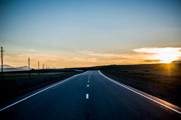 Beautiful Altai road in spring, sunset, Russia.