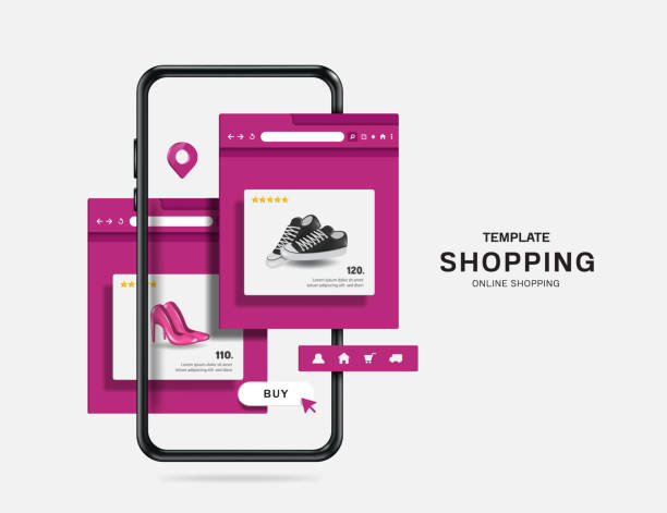 웹 브라우저의 보라색 톤 온라인 쇼핑 앱 템플릿이 2 개의 탭과 겹쳐지고 모두 스마트 폰에 표시됩니다. - online shopping stock illustrations
