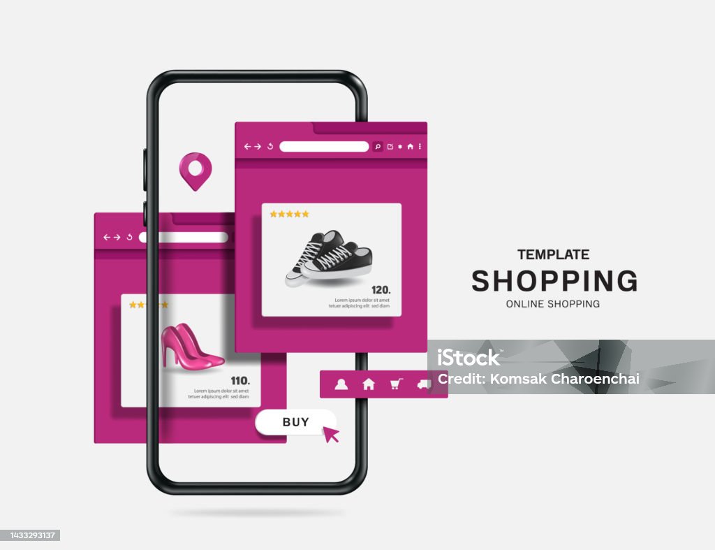 Purple tone online shopping app template on web browsers overlapping 2 tabs and all displayed on smartphone - Royalty-free Elektronische handel vectorkunst Purple tone online shopping app template on web browsers overlapping 2 tabs and all displayed on smartphone - Royalty-free Elektronische handel vectorkunst