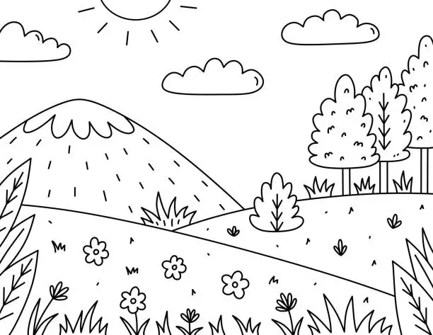 Vector illustration of Cute kids coloring page. Landscape with sun, clouds, mountains, field, trees, bushes and flowers. Vector hand-drawn illustration in doodle style. Cartoon coloring book for children.