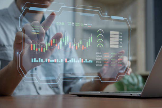 istock Businessman virtual screen graph stock market indicator currency exchange financial management forex. business profit chart trade growth index economy concept. 1433295584