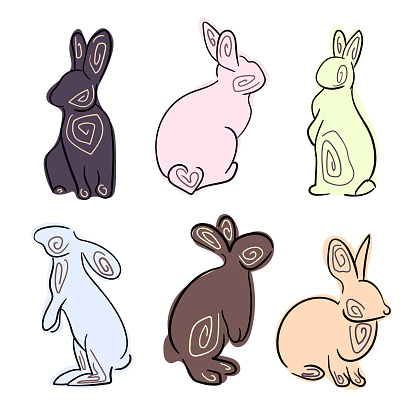 Set of rabbits silhouettes. Colored rabbits for new year and christmas.