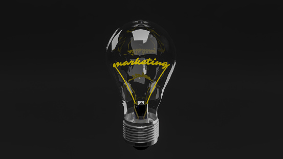 Light bulbs with shining fibres in shapes of MARKETING concept related words isolated on black background. 3d illustration