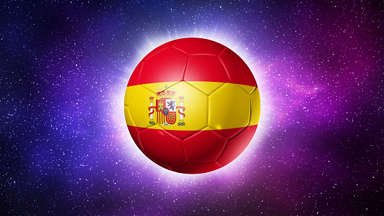 3D soccer ball with Spain team flag. Space background. Illustration