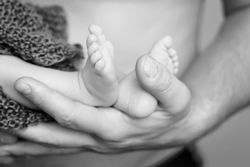 Children's foot in the hands of mother, father, parents. Feet of a tiny newborn close up. Little baby legs. Mom and her child. Happy family concept. Black and white image of motherhood stock photo