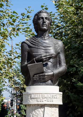 Targu-Jiu, Romania-October 08: Statue of Mihai Eminescu  on  October 08, 2022 in Targu-Jiu. Mihai Eminescu was the greatest Romanian poet.