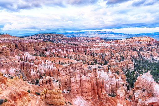 Amphitheater seen from Sunset point just at the sunset time, Bryce Canyon National Park, Utah, USA